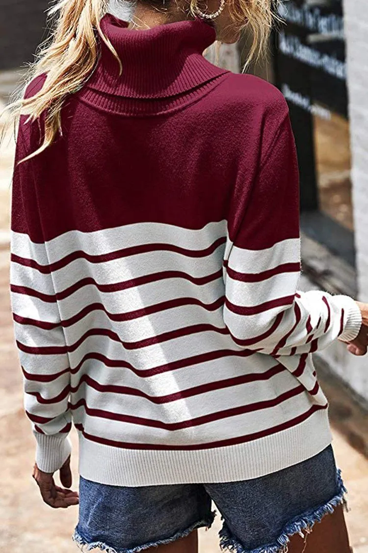 Turtleneck Knitted Stripe Color Block Oversized Sweater