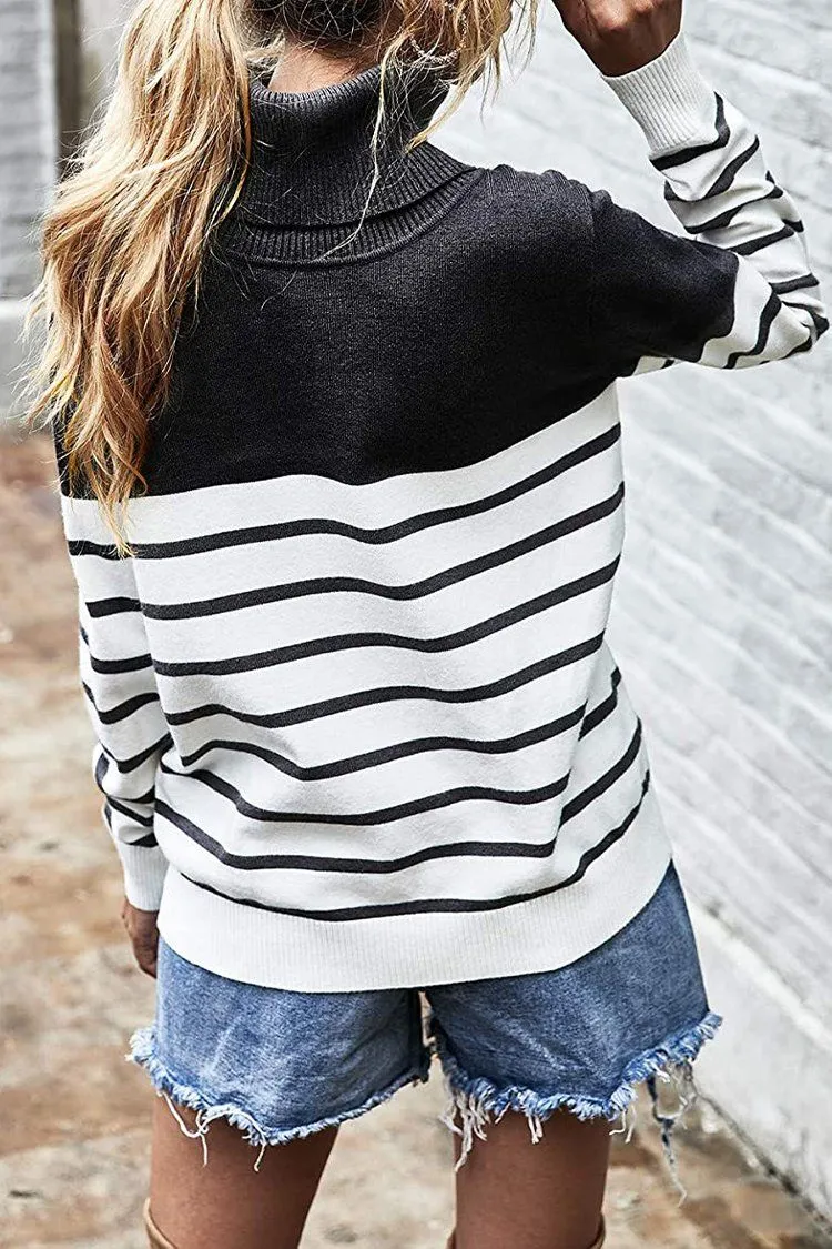 Turtleneck Knitted Stripe Color Block Oversized Sweater