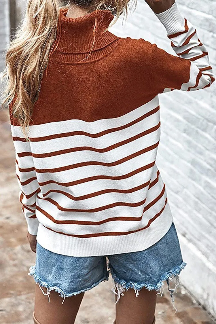 Turtleneck Knitted Stripe Color Block Oversized Sweater