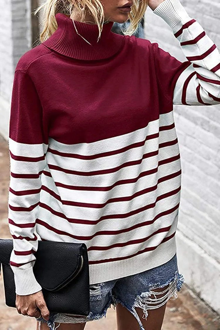 Turtleneck Knitted Stripe Color Block Oversized Sweater