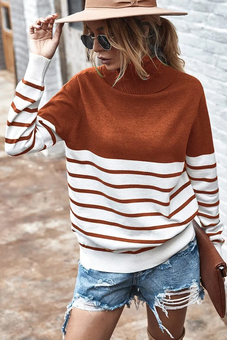 Turtleneck Knitted Stripe Color Block Oversized Sweater