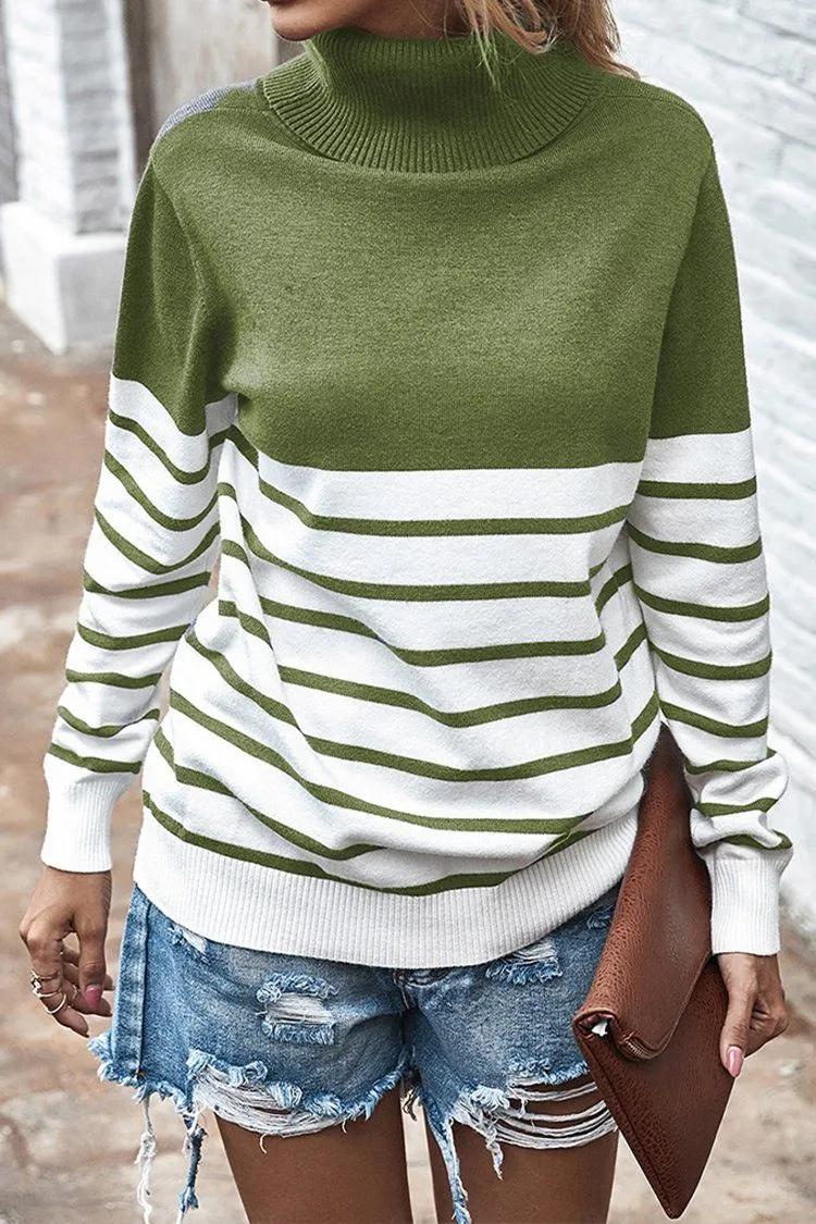 Turtleneck Knitted Stripe Color Block Oversized Sweater