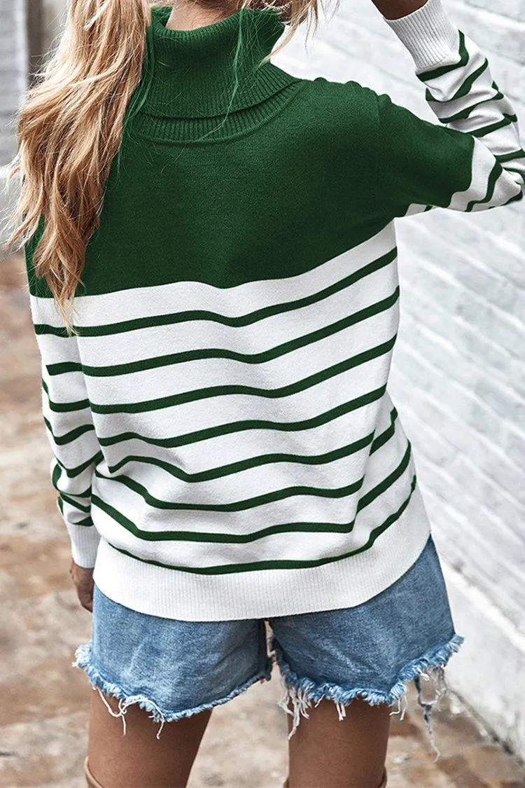 Turtleneck Knitted Stripe Color Block Oversized Sweater