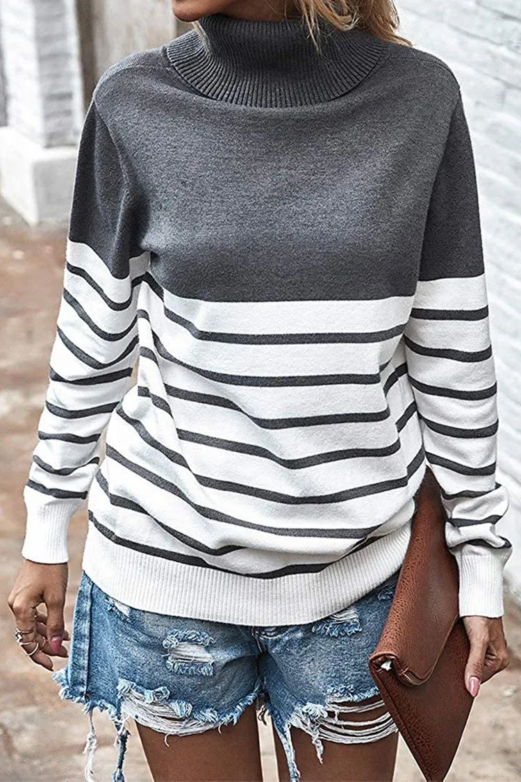 Turtleneck Knitted Stripe Color Block Oversized Sweater