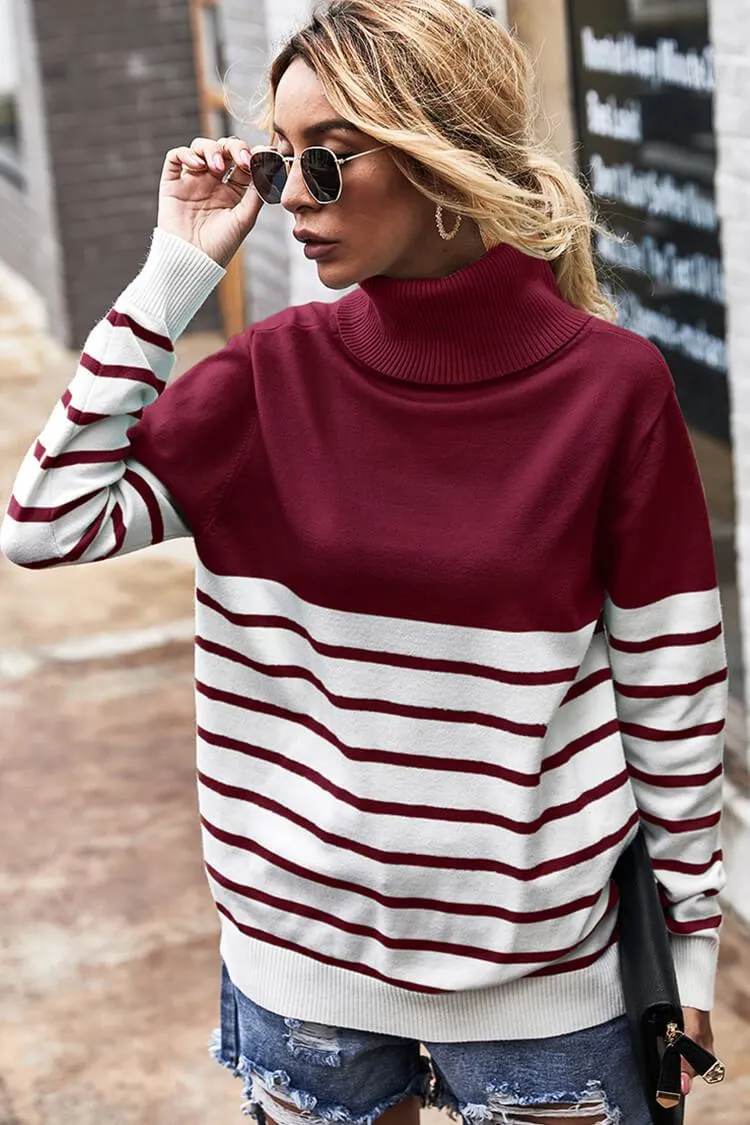 Turtleneck Knitted Stripe Color Block Oversized Sweater