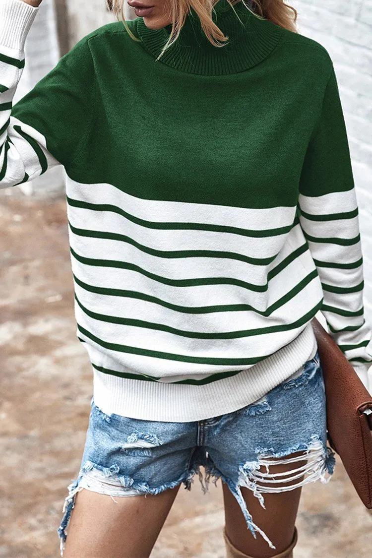 Turtleneck Knitted Stripe Color Block Oversized Sweater