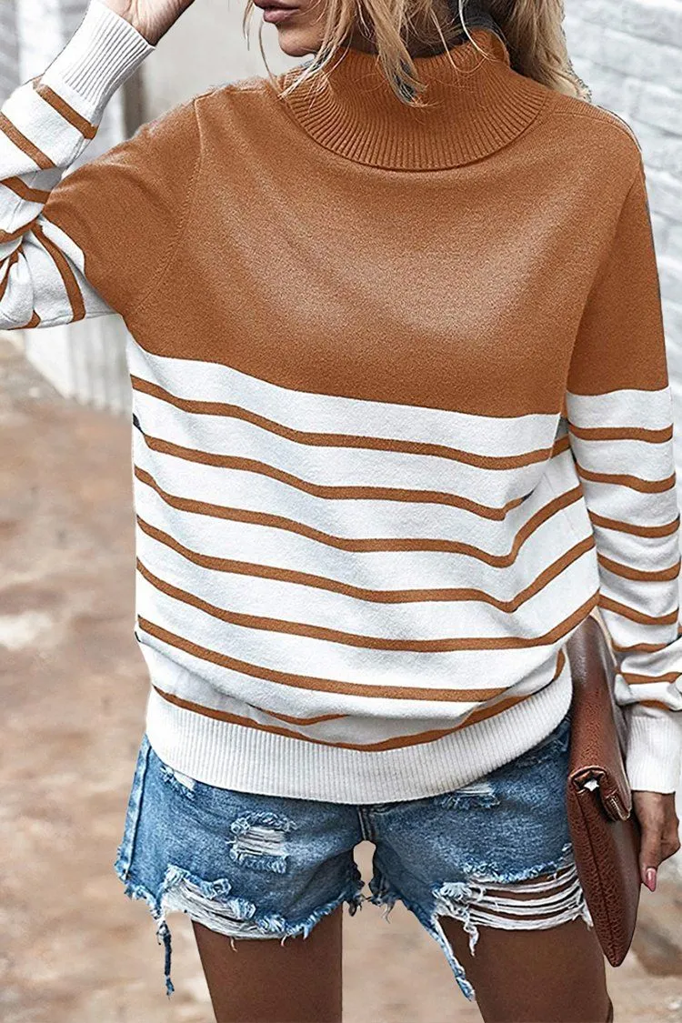 Turtleneck Knitted Stripe Color Block Oversized Sweater