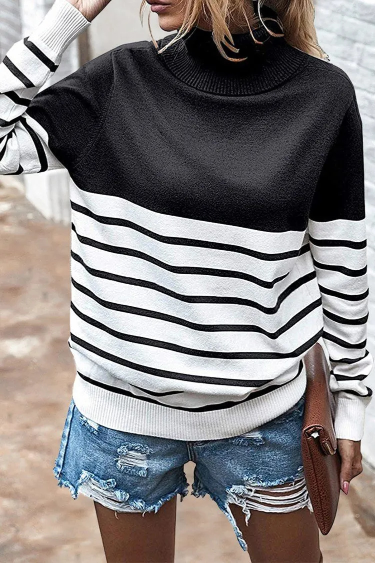 Turtleneck Knitted Stripe Color Block Oversized Sweater