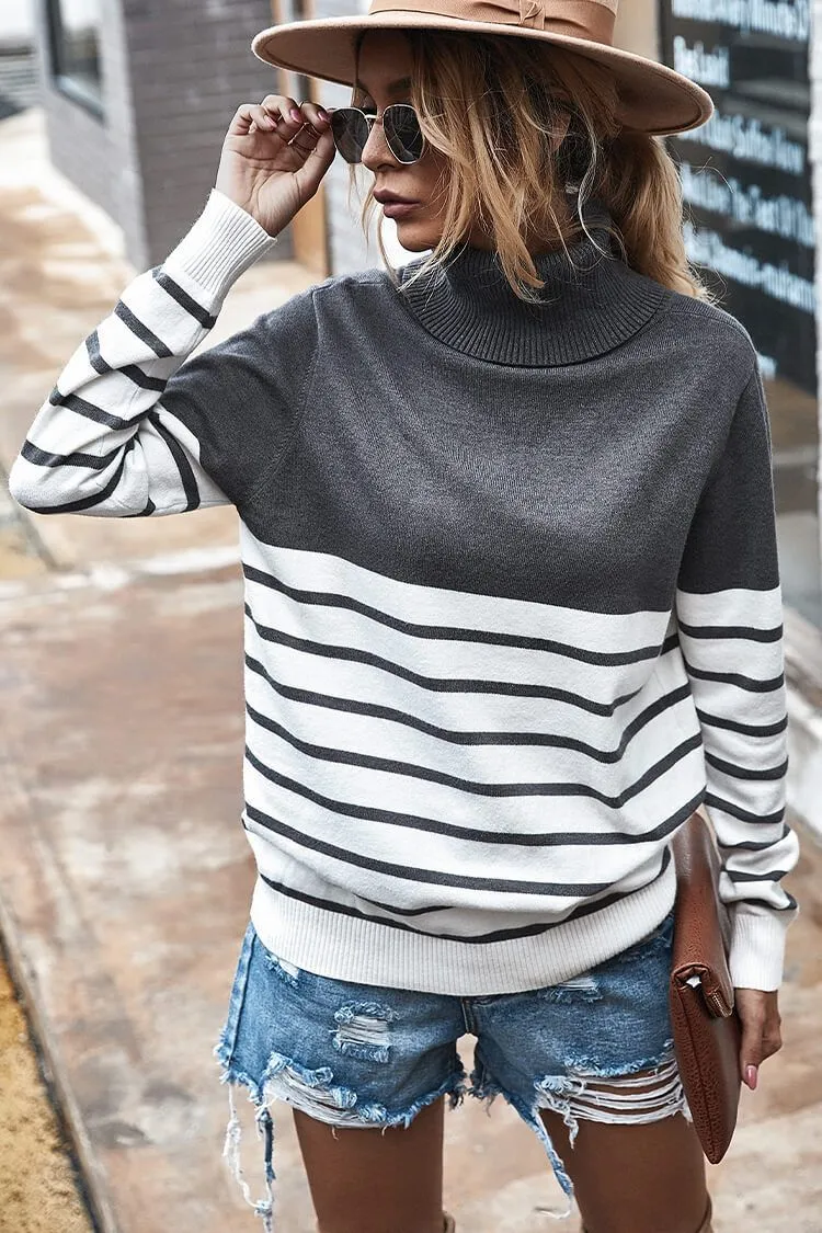 Turtleneck Knitted Stripe Color Block Oversized Sweater