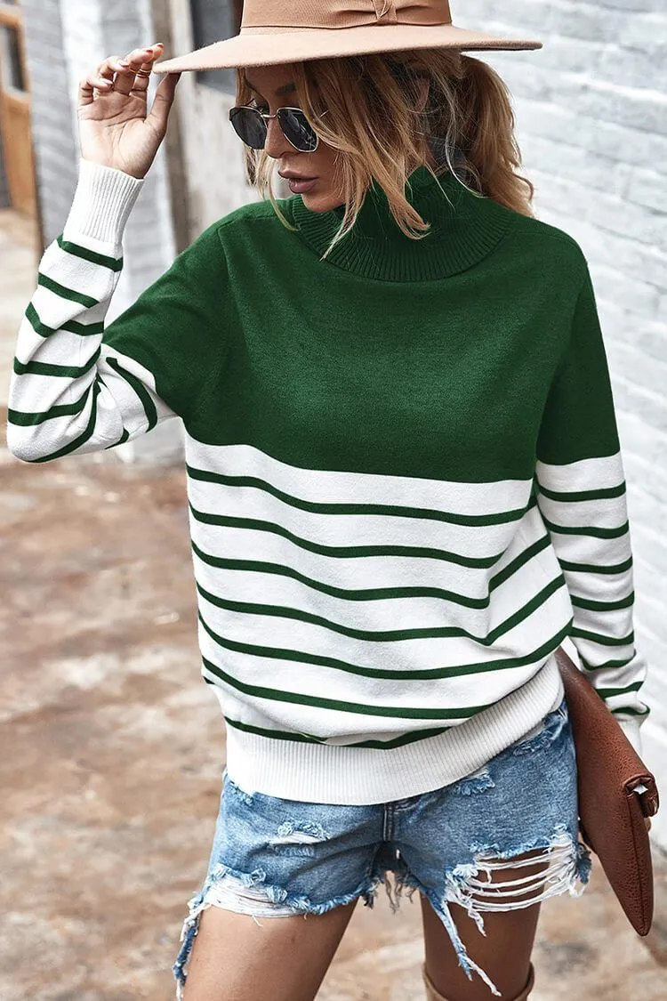 Turtleneck Knitted Stripe Color Block Oversized Sweater