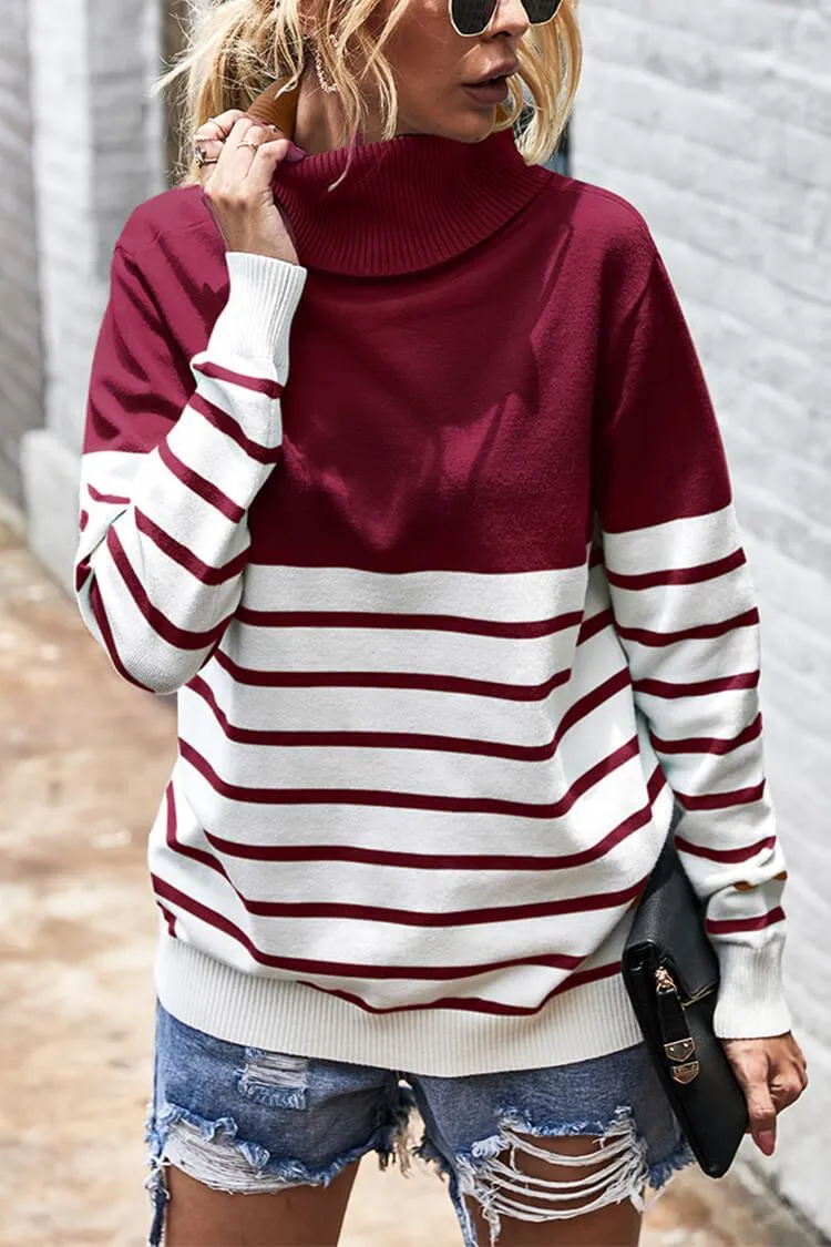 Turtleneck Knitted Stripe Color Block Oversized Sweater