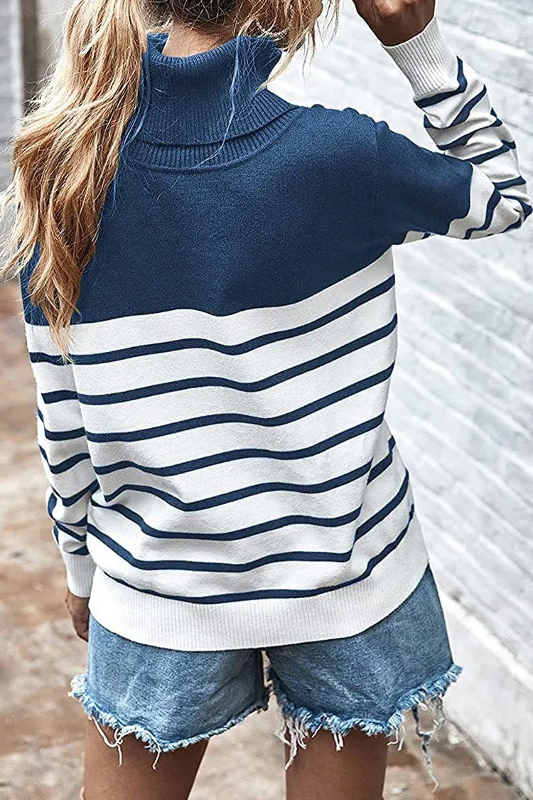 Turtleneck Knitted Stripe Color Block Oversized Sweater