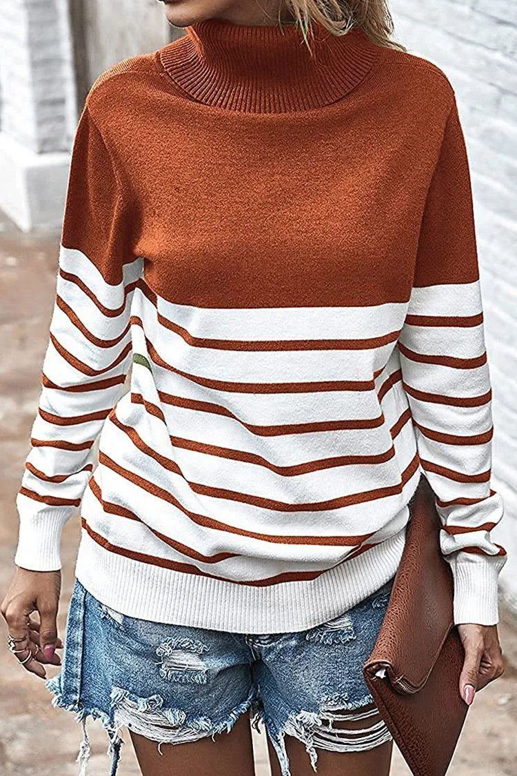 Turtleneck Knitted Stripe Color Block Oversized Sweater