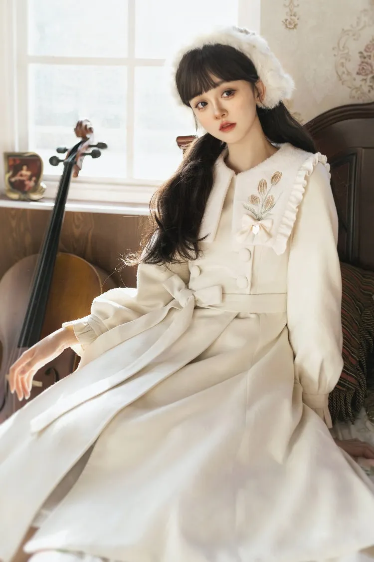 Unknown Star Tulip Woolen Lolita White Cream Crimson Red Winter Coat Dress