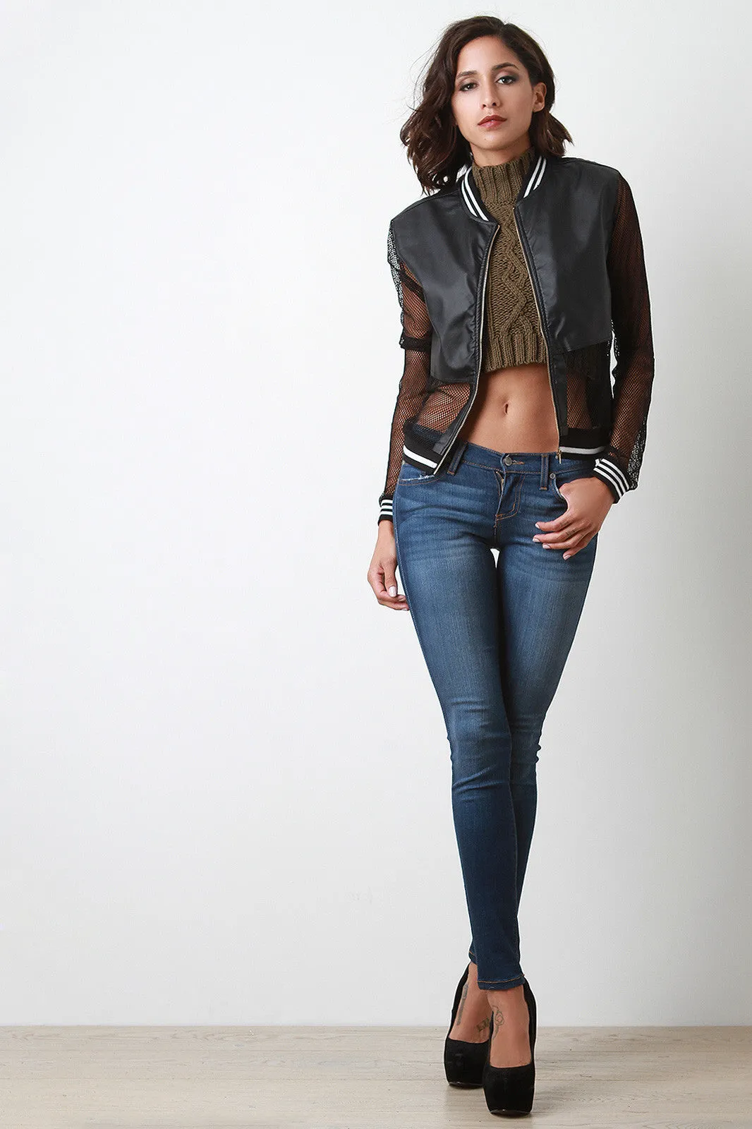 Vegan Leather and Mesh Varsity Jacket