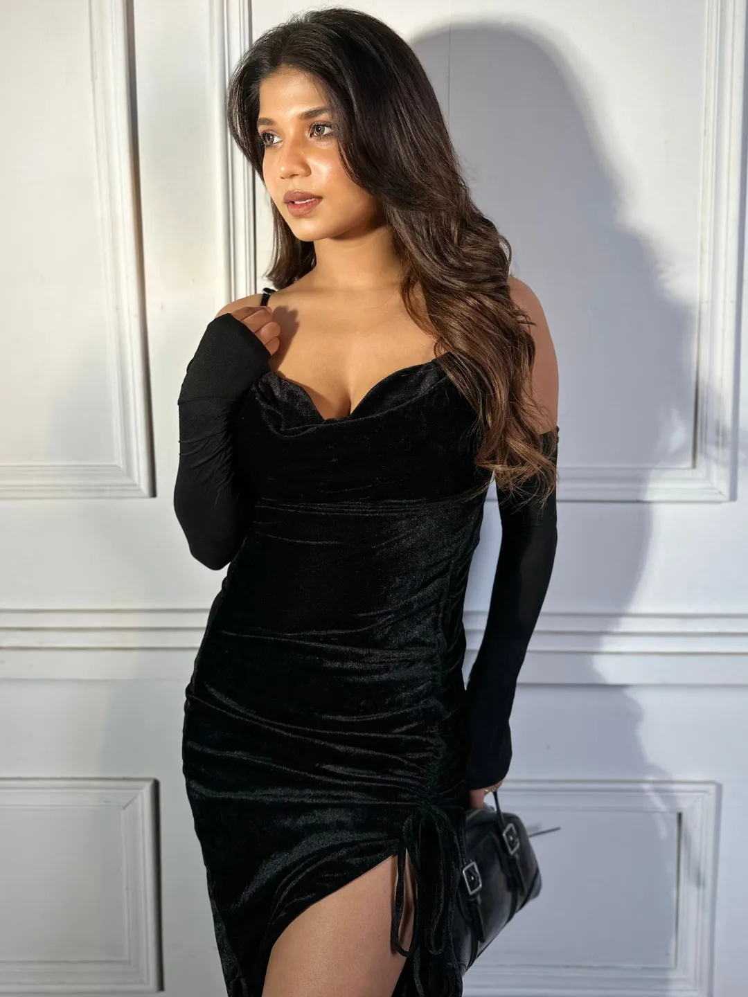 Velvet Cowl Neck Drawstring Bodycon Dress