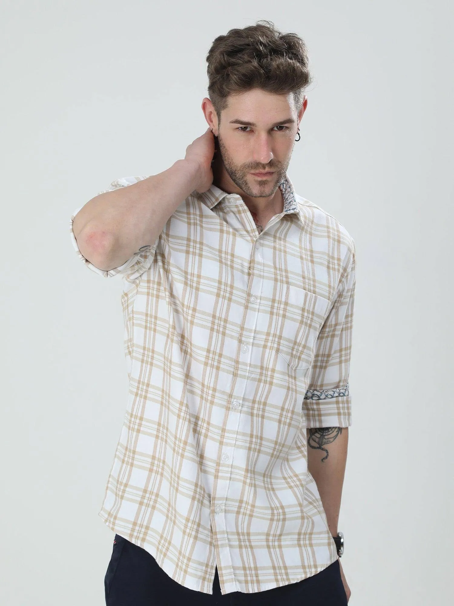 White and Cream Checkered Cotton Shirt