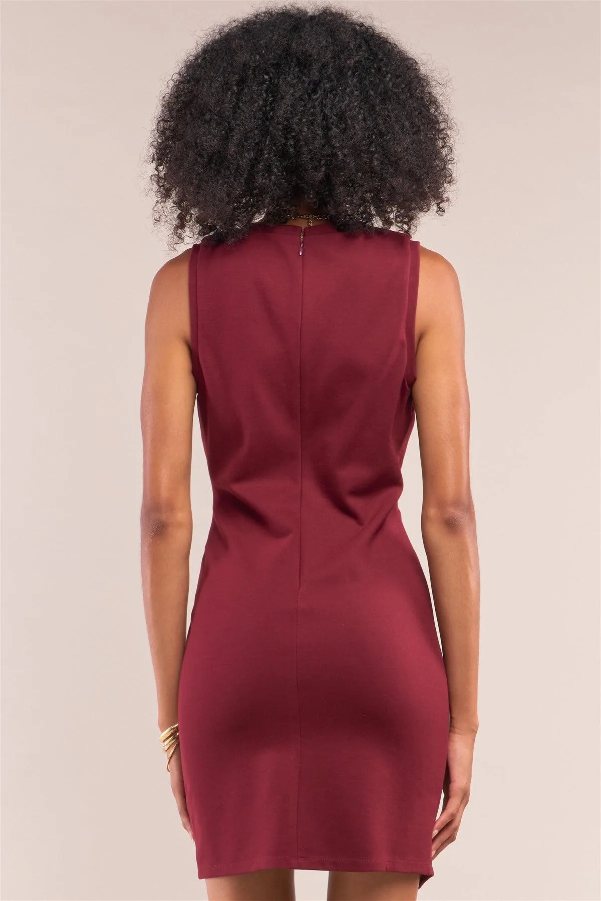 Wine Red Sleeveless Asymmetrical Hem Crew Neck Fitted Mini Dress /1-2-2-1