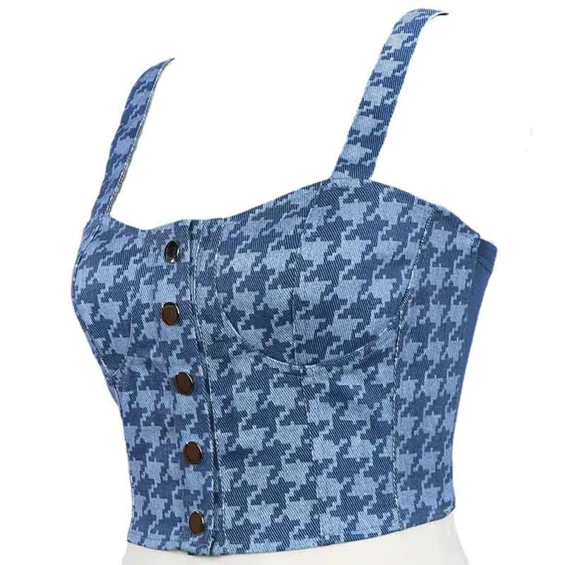 Women Bustier Crop Tops Checkered Push Up Corset Bra Cami Tank