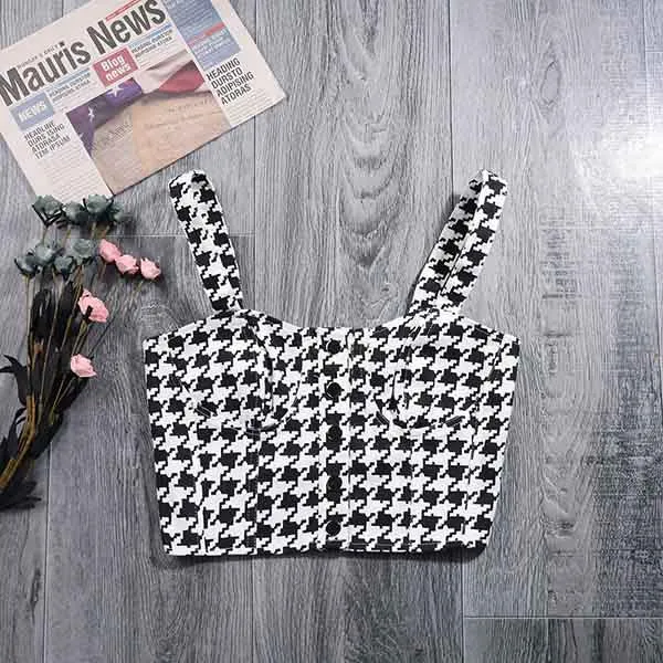 Women Bustier Crop Tops Checkered Push Up Corset Bra Cami Tank