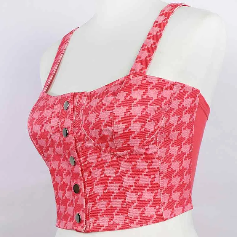 Women Bustier Crop Tops Checkered Push Up Corset Bra Cami Tank