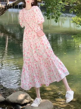 Women Pink French Floral Elegant Summer Puff Sleeve Midi Dress - WD8018