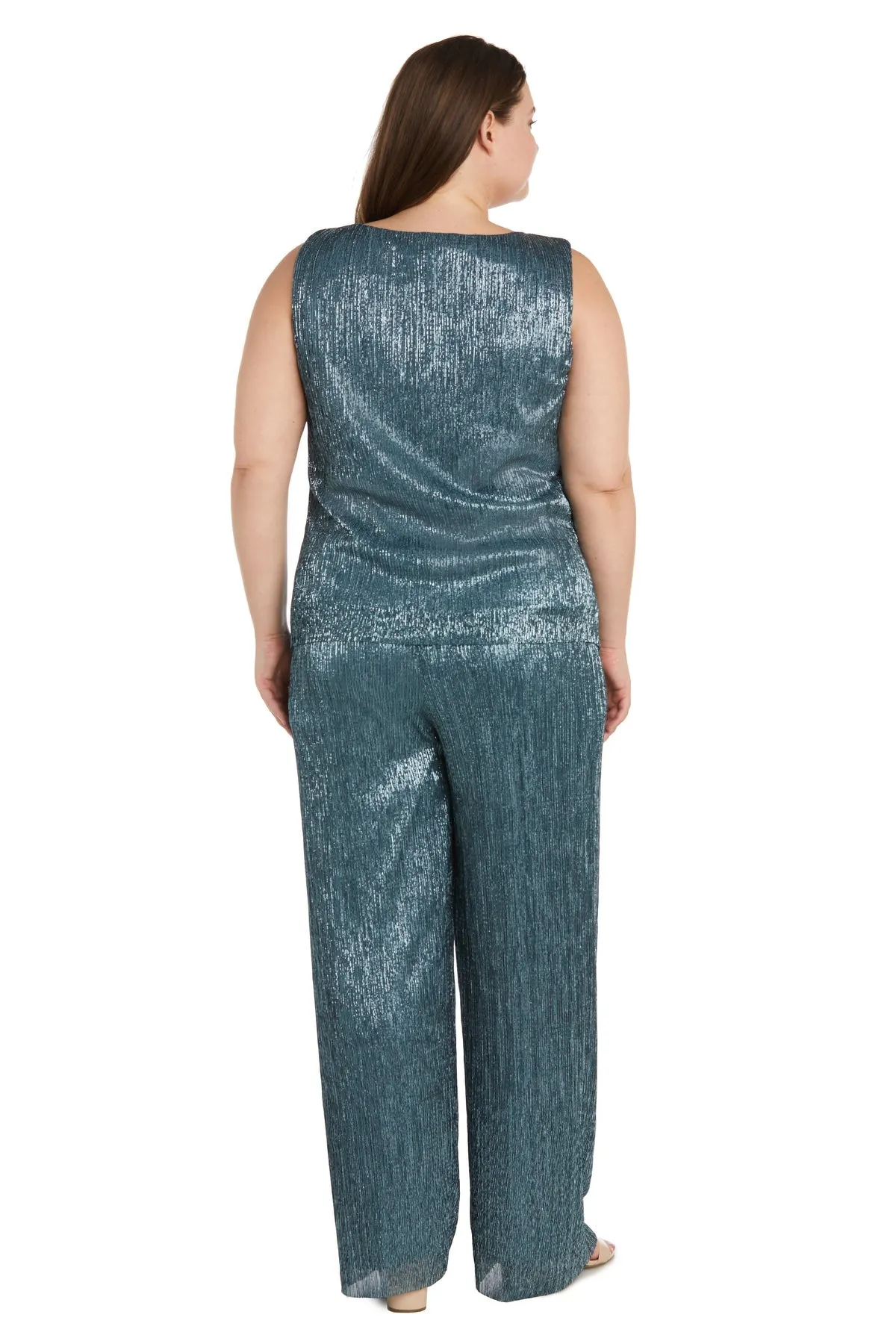 Women Plus Size Crinkle Pantsuit with Mesh Chiffon Jacket and Necklace Set