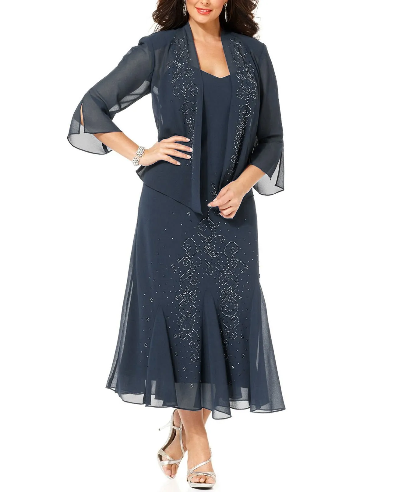 Women's Beaded Chiffon Jacket Dress - Mother of The Bride Dress