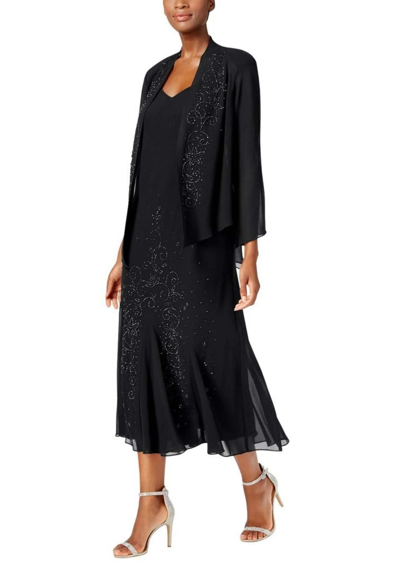 Women's Beaded Chiffon Jacket Dress - Mother of The Bride Dress