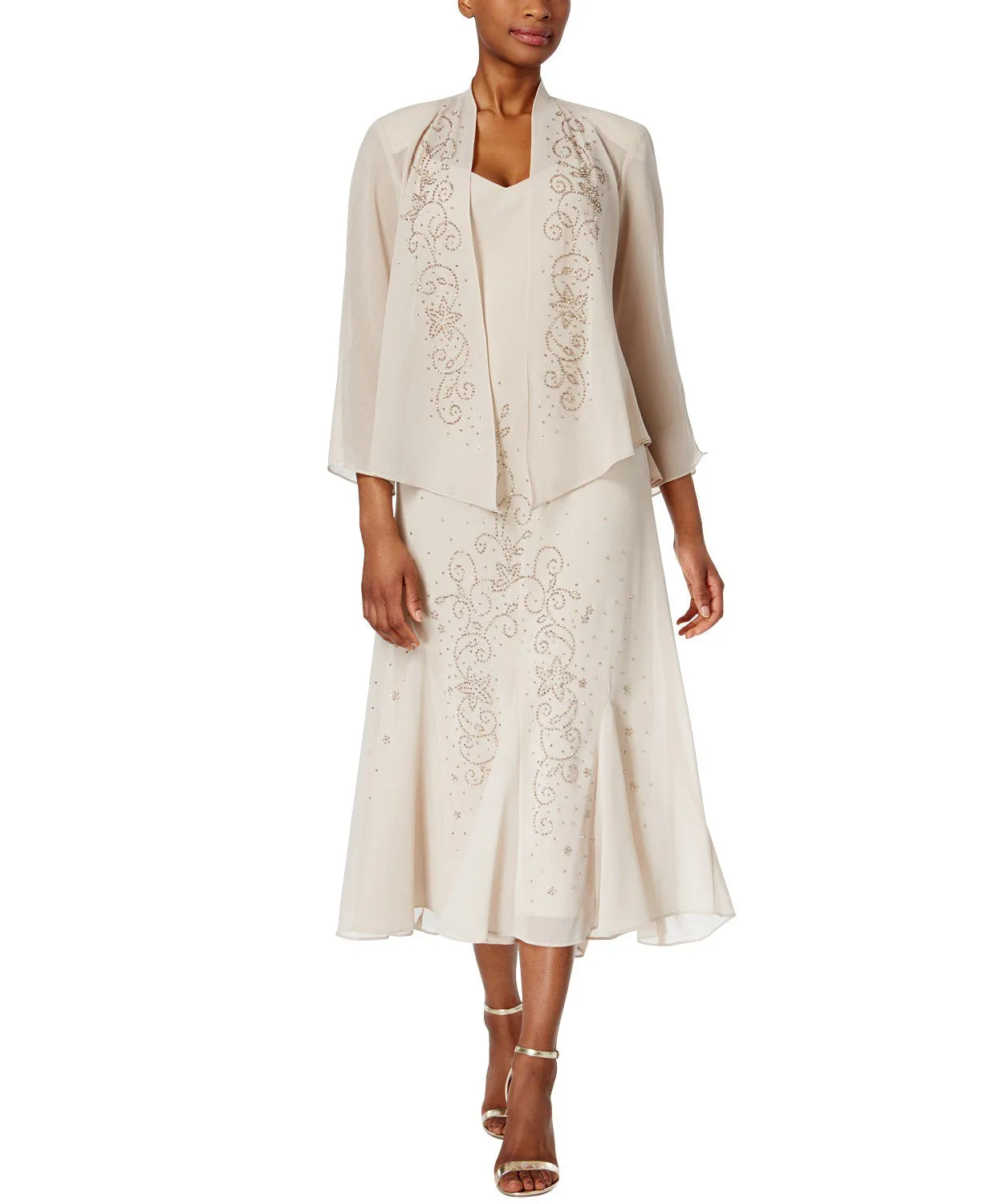 Women's Beaded Chiffon Jacket Dress - Mother of The Bride Dress