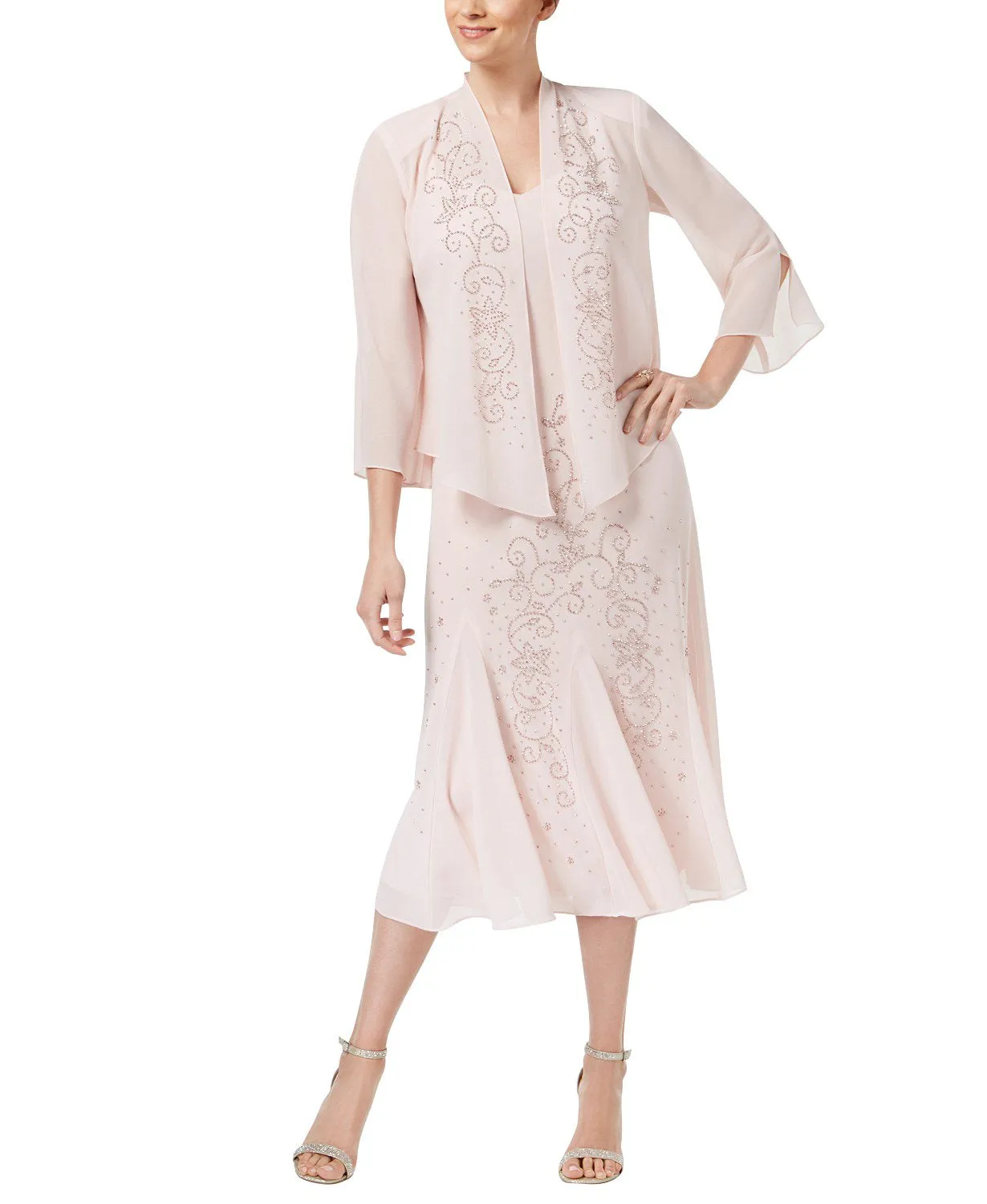 Women's Beaded Chiffon Jacket Dress - Mother of The Bride Dress