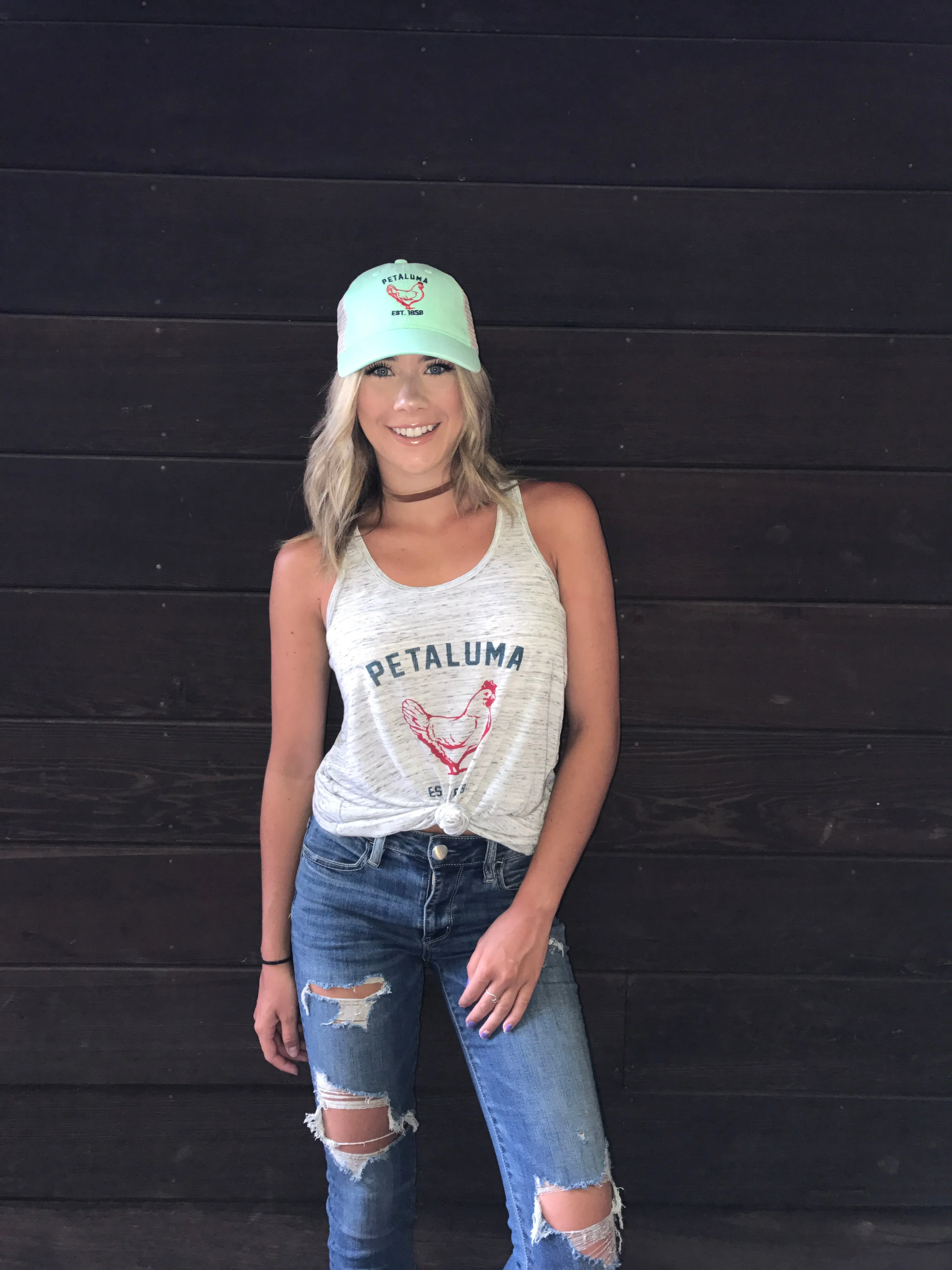 Women's Flowy Racerback Tank White Marble with Luma Vintage Petaluma Chicken