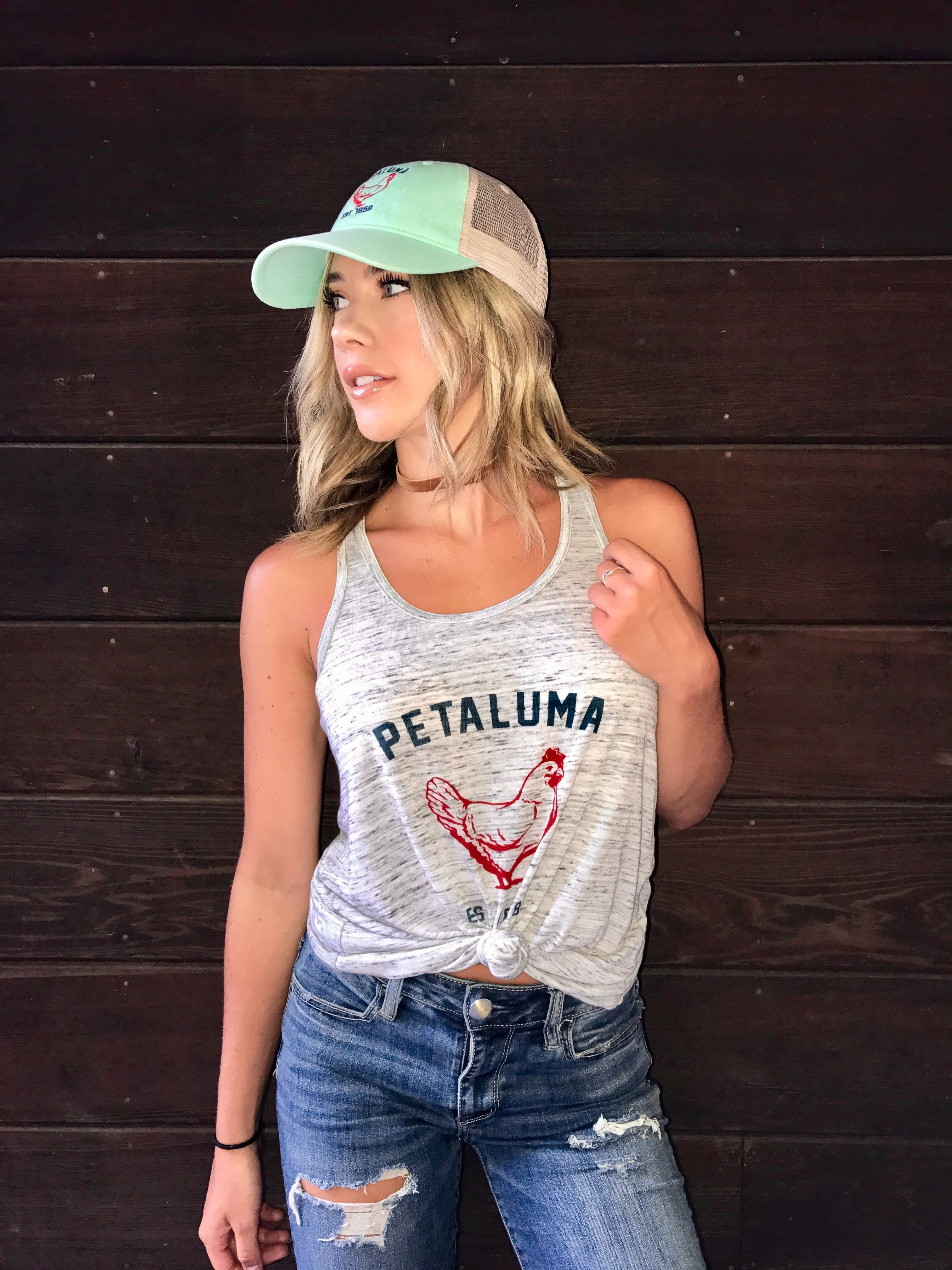 Women's Flowy Racerback Tank White Marble with Luma Vintage Petaluma Chicken