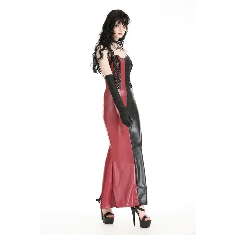 Women's Gothic Contrast Color Faux Leather Party Slip Dress