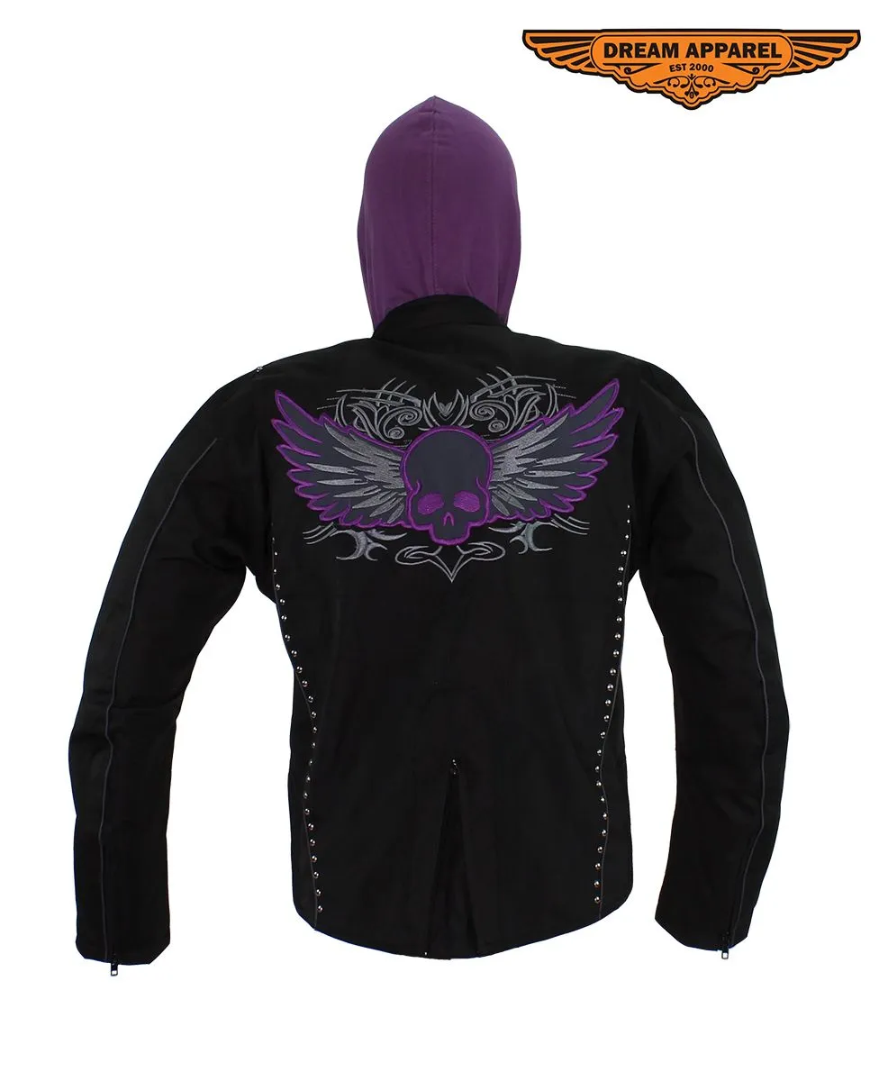 Women's Studed Motorcycle Textile Jacket With Purple Hoodie & Sull & Wings