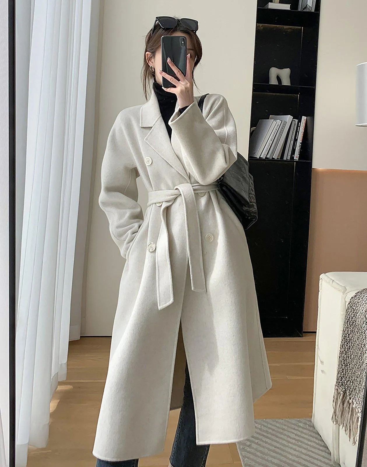 Wool Blend Wrap Long Coat