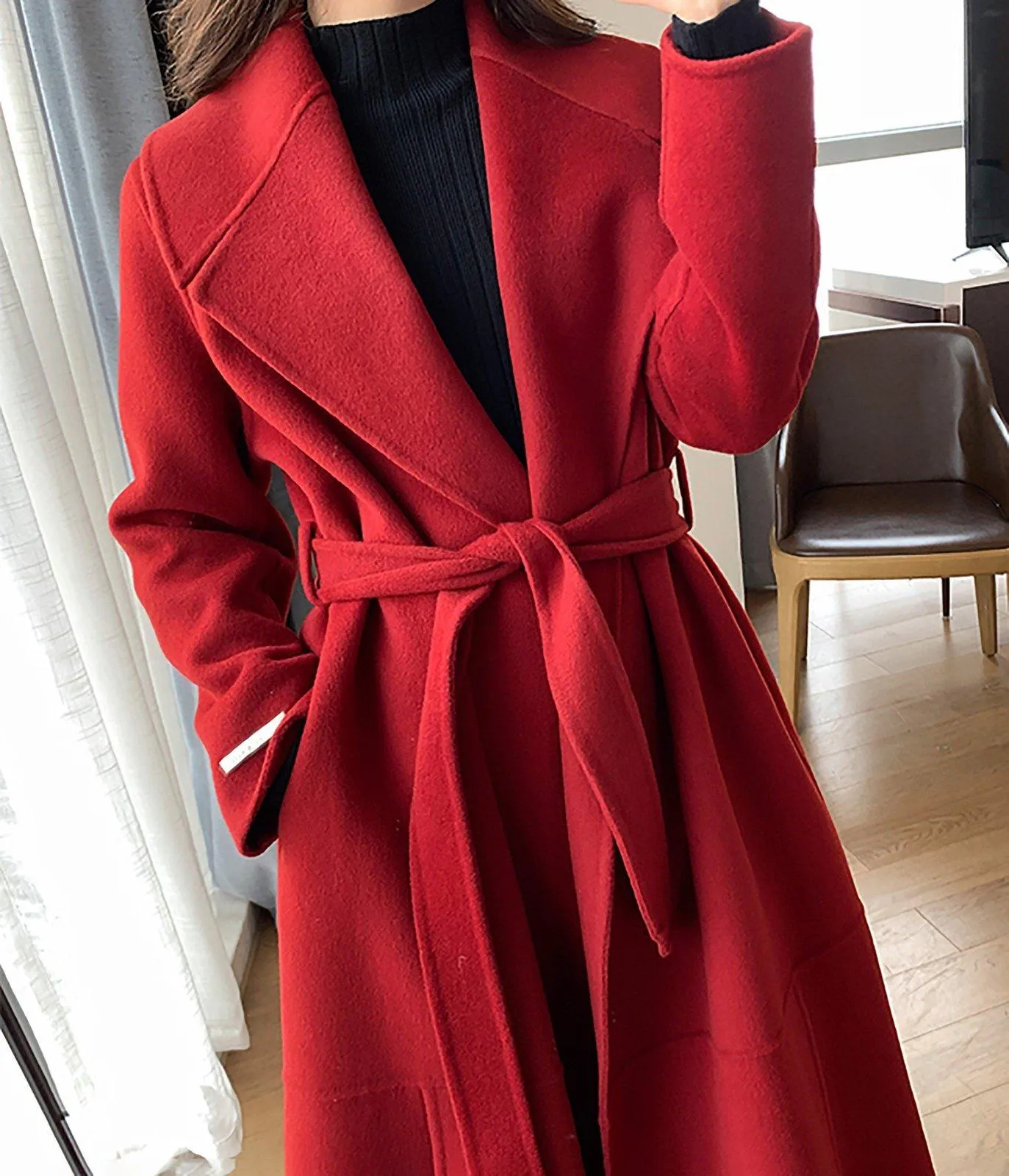 Wool Blend Wrap Long Coat