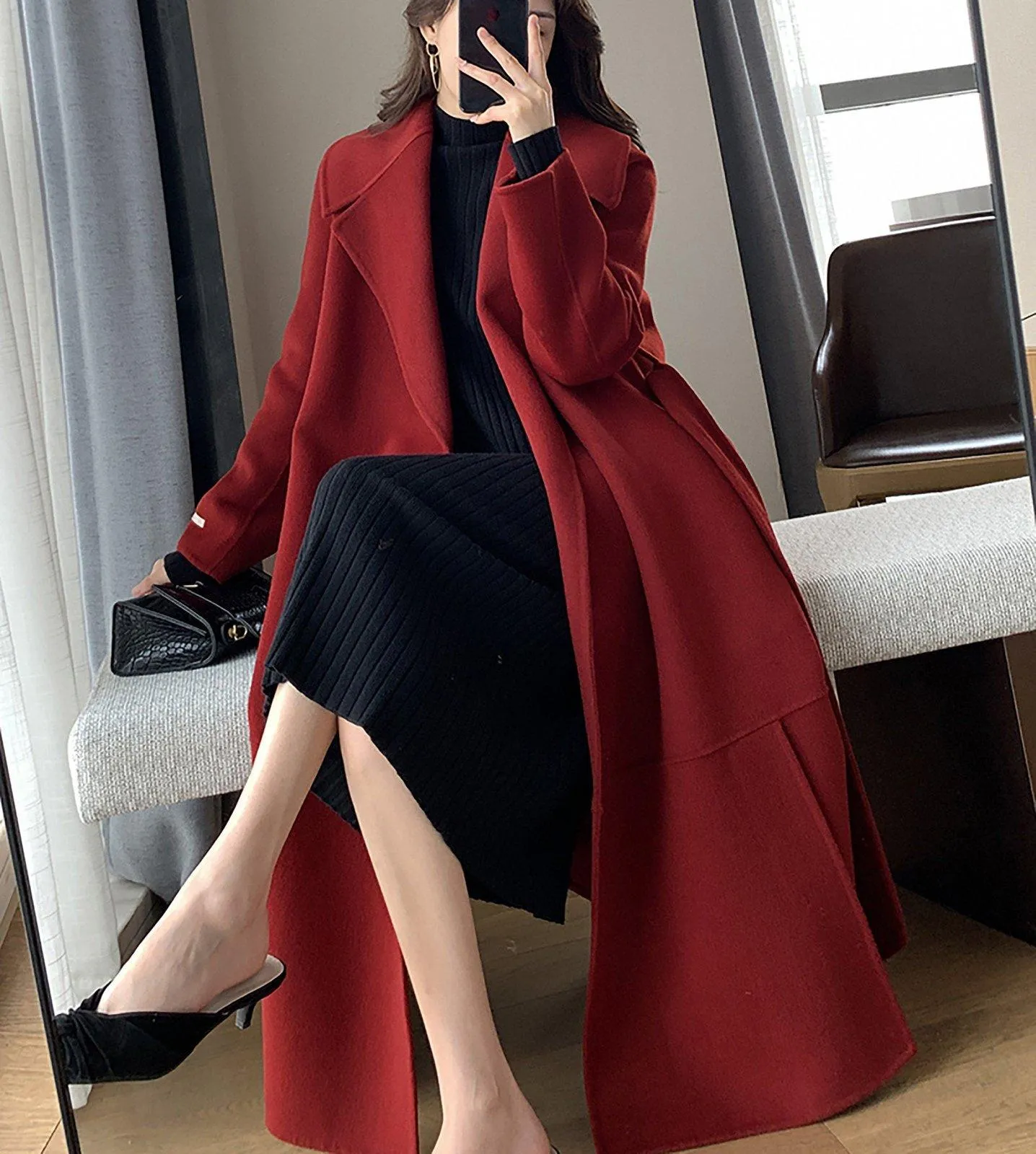 Wool Blend Wrap Long Coat