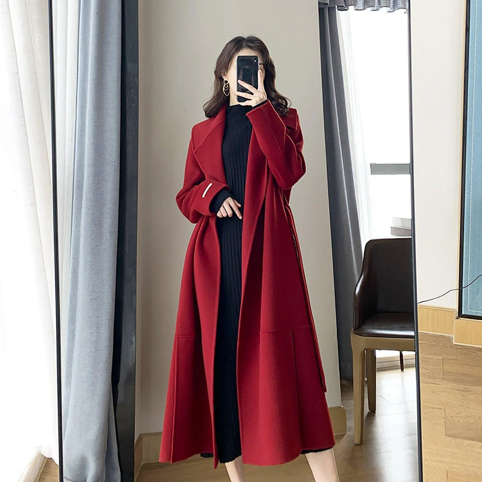 Wool Blend Wrap Long Coat