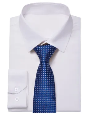 YourTies White Solid Long Sleeve Shirt with Navy Blue Polka Dots Silk Tie for Men